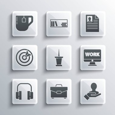 Set Briefcase, Hand for search people, Monitor with text work, Push pin, Headphones, Target sport, Cup of tea tea bag and Resume icon. Vector