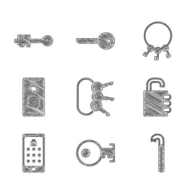 Set Bunch of keys, Key, Crowbar, Safe combination lock, Mobile and graphic password, with fingerprint scan,  and Old icon. Vector