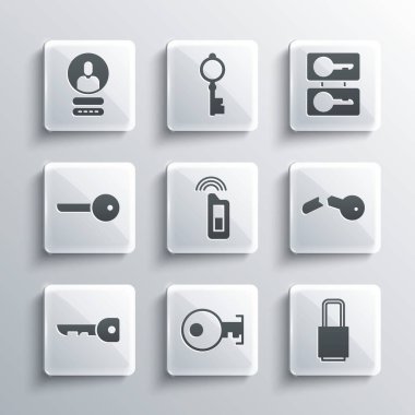 Set Key, Lock, Broken key, Car with remote, Create account screen and Casting keys icon. Vector