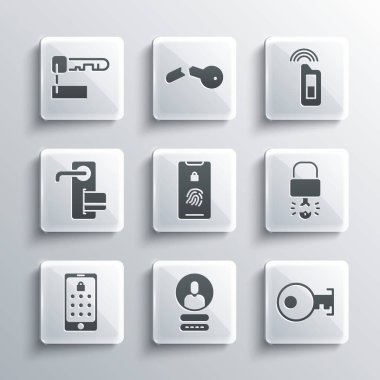 Set Create account screen, Key, broke inside of padlock, Mobile with fingerprint scan, and graphic password, Digital door, Marked key and Car remote icon. Vector