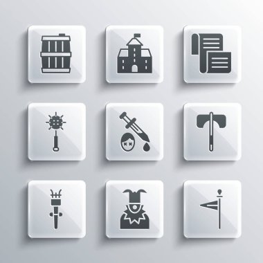 Set Joker head, Medieval flag, axe, Sword with blood, Torch flame, chained mace ball, Wooden barrel and Decree, parchment, scroll icon. Vector