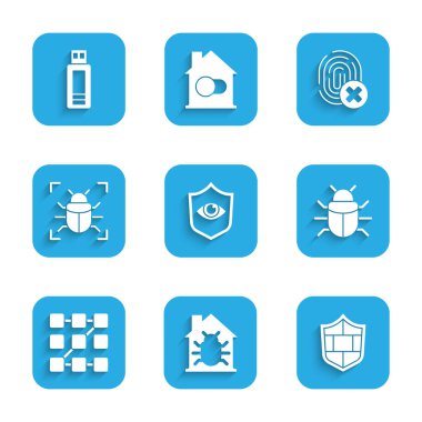 Set Shield and eye, House system bug, with brick wall, System, Graphic password protection, Cancelled fingerprint and USB flash drive icon. Vector