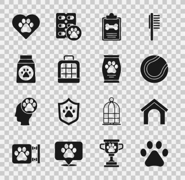 Set Paw print, Dog house, Tennis ball, Clinical record pet, Pet carry case, Bag of food, Heart with animals footprint and  icon. Vector