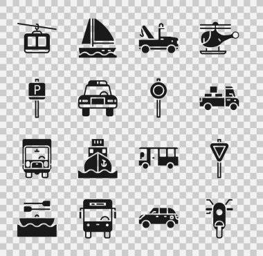 Set Scooter, Road traffic signpost, Delivery truck, Tow, Police car and flasher, Parking, Cable and  icon. Vector