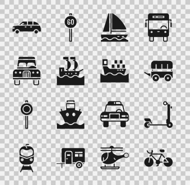 Set Bicycle, Scooter, Wild west covered wagon, Yacht sailboat, Sailboat, Car, Hatchback car and Cargo ship with boxes icon. Vector