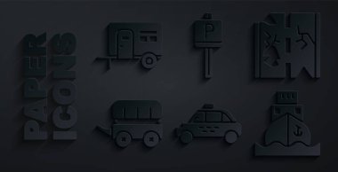Set Taxi car, Broken road, Wild west covered wagon, Cargo ship, Parking and Rv Camping trailer icon. Vector