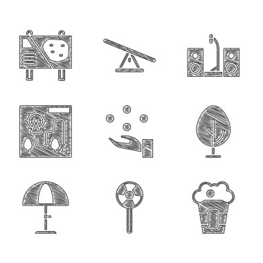 Set Juggling ball, Lollipop, Popcorn box, Tree, Sun protective umbrella, Amusement park map, Home stereo with two speakers and billboard icon. Vector