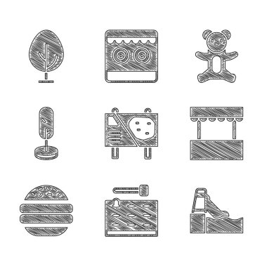 Set Amusement park billboard, Arcade game machine, Water slide, Ticket box office, Burger, Tree, Teddy bear plush toy and  icon. Vector