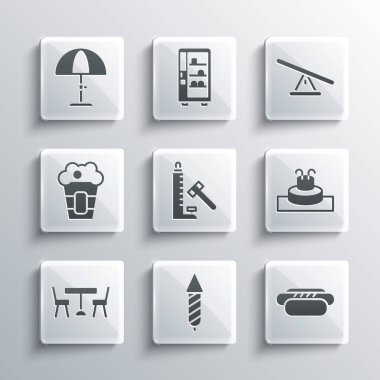 Set Firework rocket, Hotdog, Fountain, Striker attraction with hammer, Picnic table chairs, Popcorn box, Sun protective umbrella and Seesaw icon. Vector