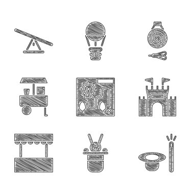 Set Amusement park map, Magician hat and rabbit, wand, Castle, Ticket box office, Fast street food cart, Classic dart board arrow and Seesaw icon. Vector