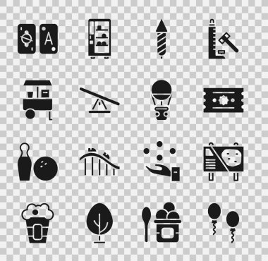 Set Balloons, Amusement park billboard, Ticket, Firework rocket, Seesaw, Fast street food cart, Tarot cards and Hot air balloon icon. Vector