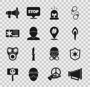 Set Megaphone, Police badge, Torch flame, Flasher siren, Vandal,  and Protest icon. Vector