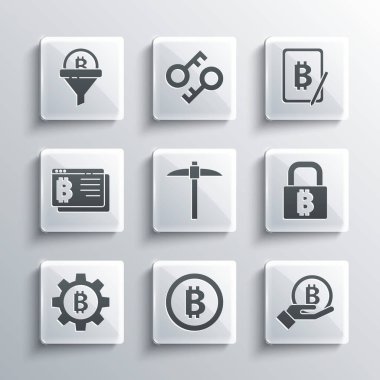 Set Bitcoin, Hand holding, Lock with bitcoin, Pickaxe, Cryptocurrency, browser, Sales funnel and Mining from tablet icon. Vector