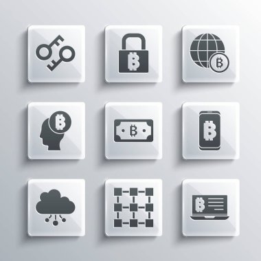 Set Blockchain technology, Mining bitcoin from laptop, mobile, Cryptocurrency, cloud mining, Bitcoin think, key and Globe icon. Vector