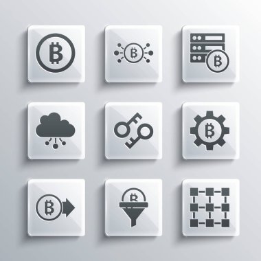 Set Sales funnel with bitcoin, Blockchain technology, Cryptocurrency Bitcoin, key, cloud mining,  and Server icon. Vector