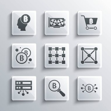 Set Magnifying glass with Bitcoin, circuit, Blockchain technology, Server, think and Shopping cart bitcoin icon. Vector