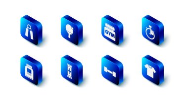 Set Racket and ball, Sports nutrition, Stopwatch, T-shirt, Dumbbell,  and expander icon. Vector