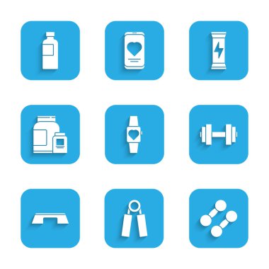 Set Smartwatch, Sport expander, Dumbbell, Step platform, Sports nutrition,  and Fitness shaker icon. Vector