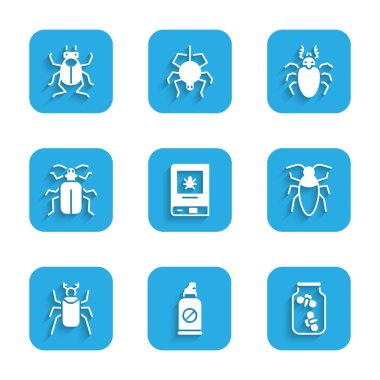 Set Book about insect, Spray against insects, Fireflies bugs jar, Cockroach, Beetle, Chafer beetle, deer and  icon. Vector
