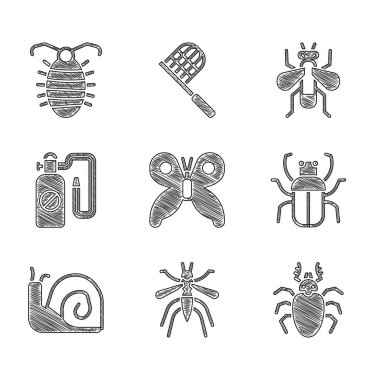 Set Butterfly, Mosquito, Beetle deer, Stink bug, Snail, Pressure sprayer, Insect and Larva insect icon. Vector
