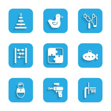 Set Puzzle pieces toy, Ray gun, Basketball backboard, Submarine, Tumbler doll, Abacus, Slingshot and Pyramid icon. Vector