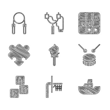Set Toy horse, Basketball backboard, boat, Drum with drum sticks, ABC blocks, Puzzle pieces toy, Tic tac toe game and Jump rope icon. Vector