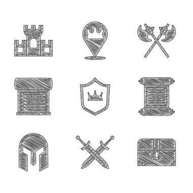 Set Shield with crown, Crossed medieval sword, Antique treasure chest, Decree, parchment, scroll, Medieval iron helmet, axes and Castle, fortress icon. Vector