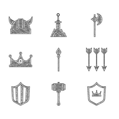 Set Medieval spear, Hammer, Shield with crown, Crossed arrows, King, axe and Viking horned helmet icon. Vector