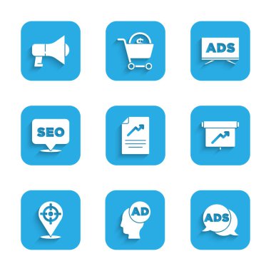 Set Document with graph chart, Advertising, Board, Target sport, SEO optimization,  and Megaphone icon. Vector