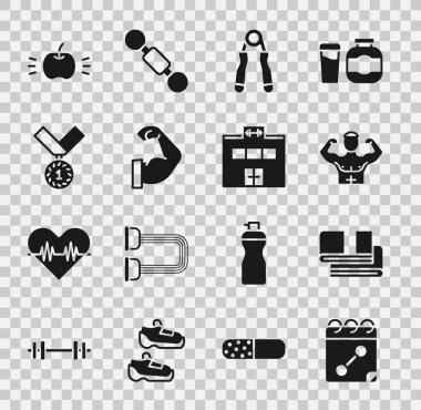 Set Calendar fitness, Towel stack, Bodybuilder muscle, Sport expander, Medal, Apple and Gym building icon. Vector