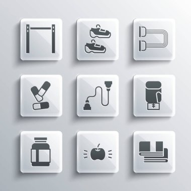 Set Apple, Towel stack, Boxing glove, Chest expander, Sports nutrition, Vitamin pill, Horizontal bar and  icon. Vector