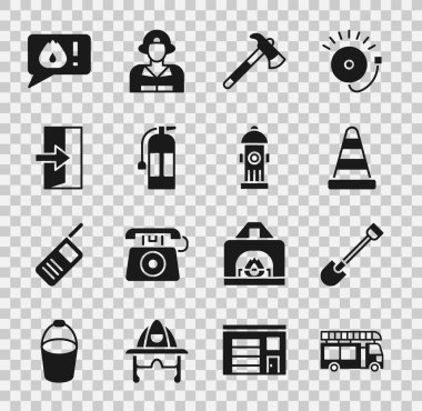 Set Fire truck, shovel, Traffic cone, Firefighter axe, extinguisher, exit, Telephone call 911 and hydrant icon. Vector