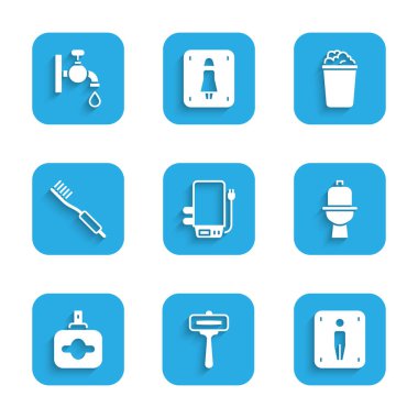 Set Electric boiler, Shaving razor, Male toilet, Toilet bowl, Perfume, Toothbrush, Bucket with soap suds and Water tap icon. Vector