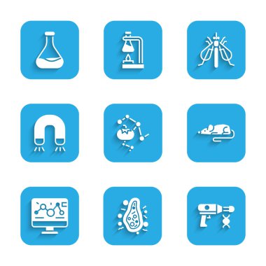 Set Genetically modified food, Bacteria, Transfer liquid gun, Experimental mouse, engineering modification, Magnet, insect and Test tube and flask icon. Vector
