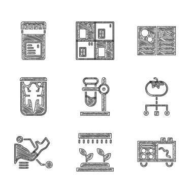 Set Test tube flask on stand, Automatic irrigation sprinklers, Spectrometer, Genetically modified food, Prosthesis hand, Experimental animal, Clinical record and Jar with additives icon. Vector
