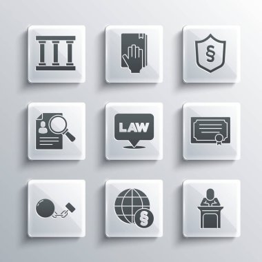 Set International law, Judge, Certificate template, Location, Ball chain, Paper analysis magnifying, Prison window and Justice shield icon. Vector