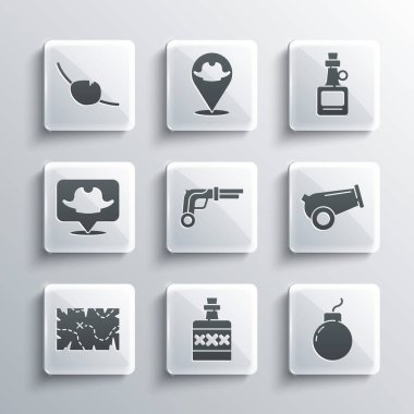 Set Alcohol drink Rum, Bomb ready to explode, Cannon, Vintage pistols, Pirate treasure map, Location pirate, eye patch and  icon. Vector