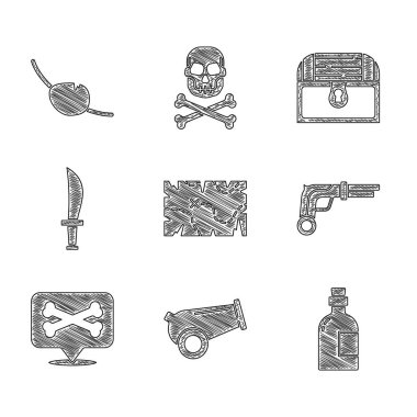 Set Pirate treasure map, Cannon, Alcohol drink Rum, Vintage pistols, Location pirate, sword, Antique chest and eye patch icon. Vector