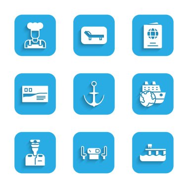 Set Anchor, Poker table, Beach pier dock, Cruise ship, Captain of, Postcard travel, Passport and Cook icon. Vector