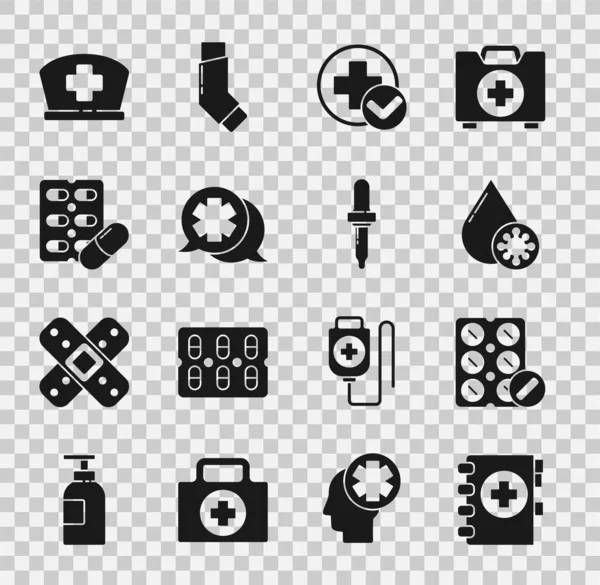 Set Medical clipboard, Pills in blister pack, Blood test and virus, Cross hospital medical, Dialogue with the doctor, Nurse hat cross and Pipette icon. Vector