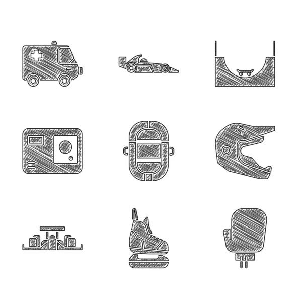 Set Rafting boat, Skates, Boxing glove, Motocross motorcycle helmet, Formula 1 racing car, Action extreme camera, park and Ambulance and emergency icon. Vector