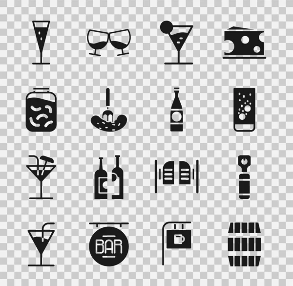 Set Wooden barrel, Bottle opener, Effervescent tablets in water, Martini glass, Pickled cucumber on fork, cucumbers jar, Glass of champagne and Beer bottle icon. Vector