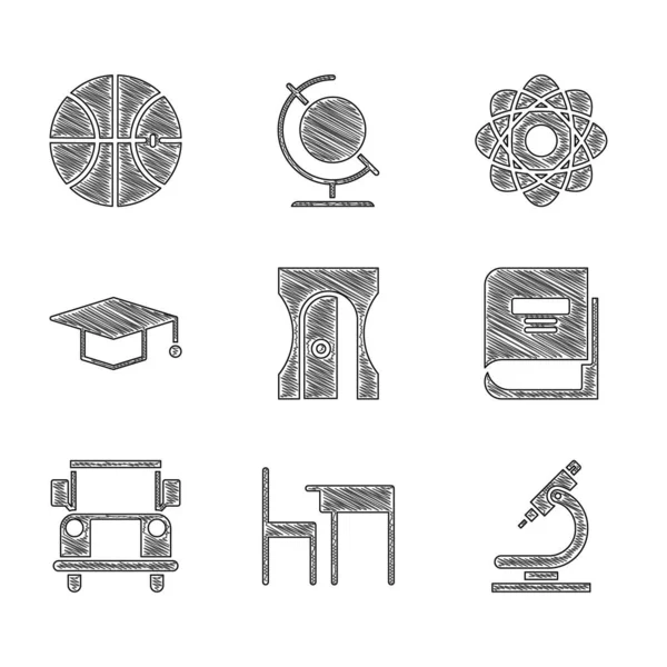 Set Pencil sharpener, School table and chair, Microscope, Book, Bus, Graduation cap, Atom and Basketball ball icon. Vector
