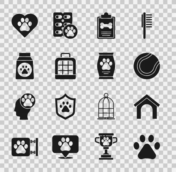 Set Paw print, Dog house, Tennis ball, Clinical record pet, Pet carry case, Bag of food, Heart with animals footprint and  icon. Vector