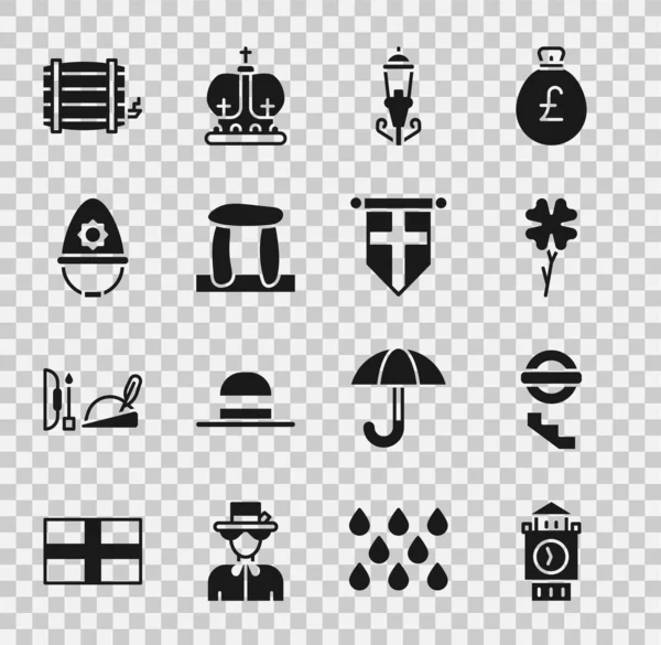 Set Big Ben tower, London underground, Four leaf clover, Vintage street light, Stonehenge, British police helmet, Wooden barrel and England flag pennant icon. Vector