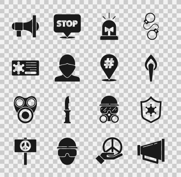 Set Megaphone, Police badge, Torch flame, Flasher siren, Vandal,  and Protest icon. Vector