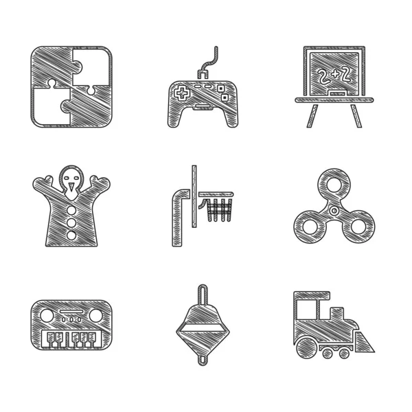 Set Basketball backboard, Whirligig toy, Toy train, Fidget spinner, piano, puppet doll on hand, Chalkboard and Puzzle pieces icon. Vector
