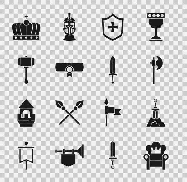 Set Medieval throne, Sword in the stone, axe, Shield, Decree, parchment, scroll, Hammer, King crown and sword icon. Vector