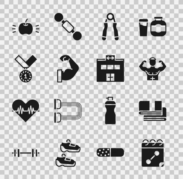 Set Calendar fitness, Towel stack, Bodybuilder muscle, Sport expander, Medal, Apple and Gym building icon. Vector
