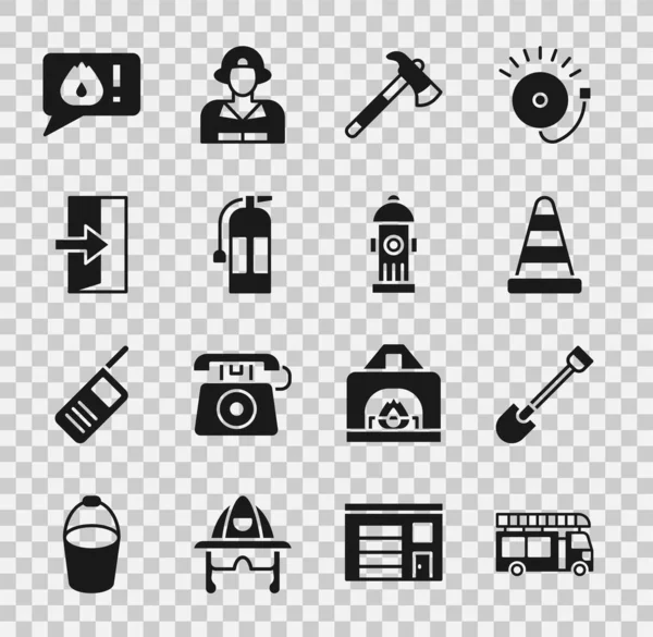 Set Fire truck, shovel, Traffic cone, Firefighter axe, extinguisher, exit, Telephone call 911 and hydrant icon. Vector
